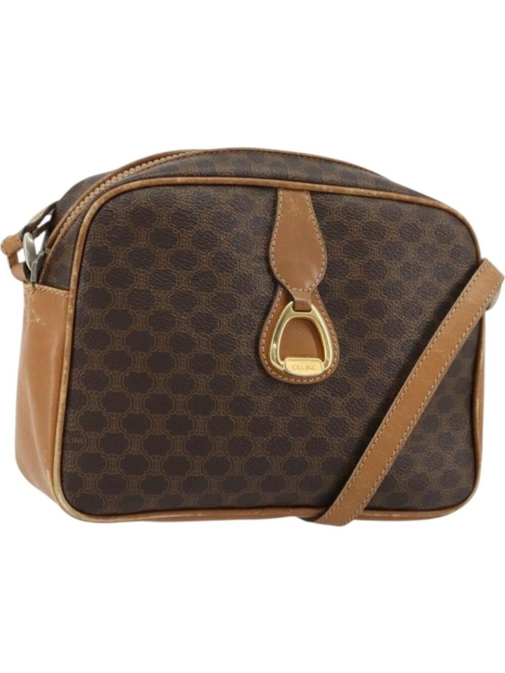 CELINE Macadam Canvas Shoulder Bag PVC Leather Brown Gold
